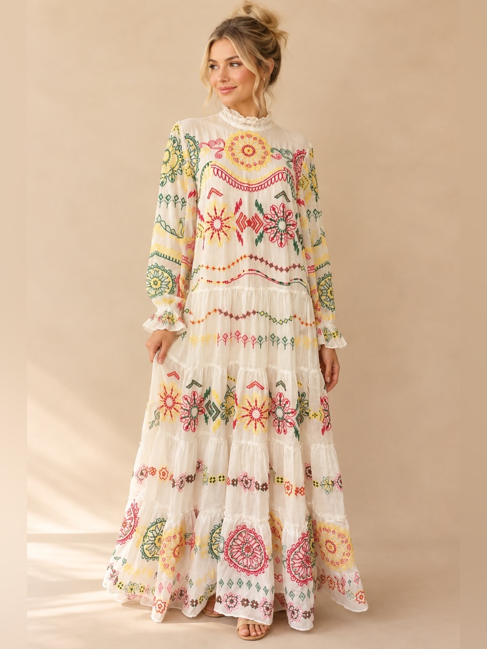 Zara Oyster White Multicolor Embroidered Boho Pattern Maxi Dress Small Cotton